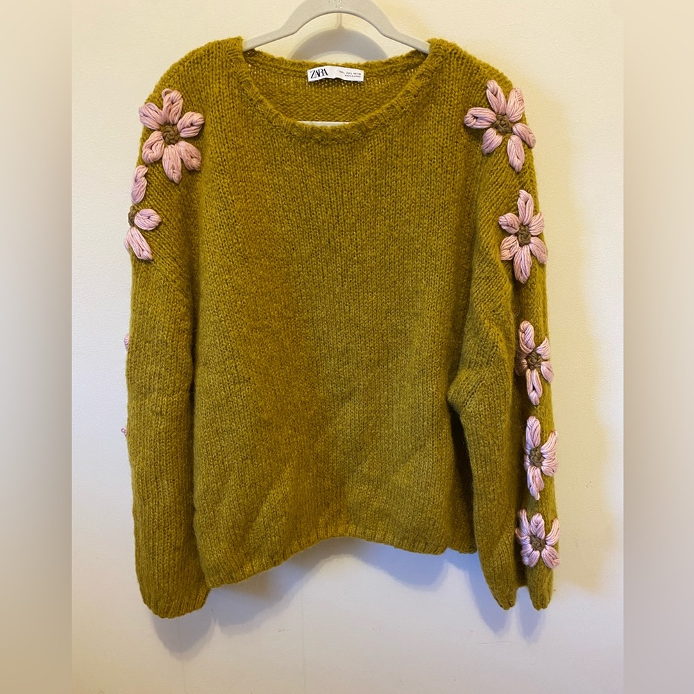 Zara mustard yellow wool mohair blend sweater with pink flower appliqués